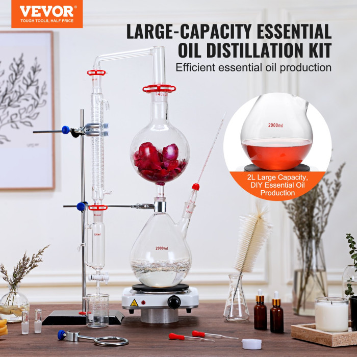 Set za destilaciju eteričnog ulja, 2000 ml-VEVOR Essential Oil Distillation Kit, 2000ml-MG24877